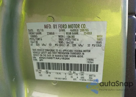 2010 Mercury Mariner z USA, uszkodzony, nr VIN 4M2CN9B77AKJ18284